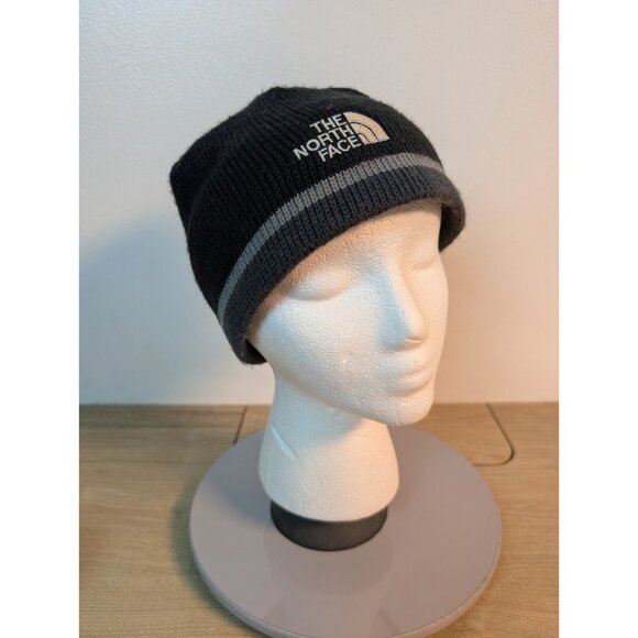 The North Face Beanie Cap Boys One Size Knit Black Gray Logo Embroidered - Picture 1 of 6